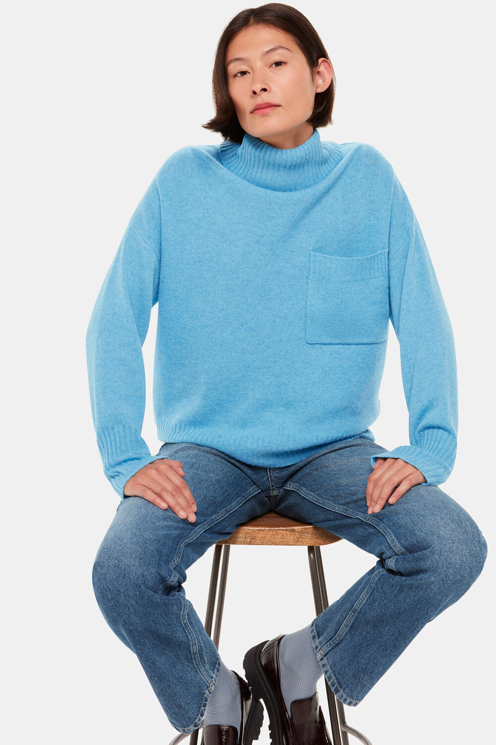Blue Wool Turtleneck Pocket Sweater