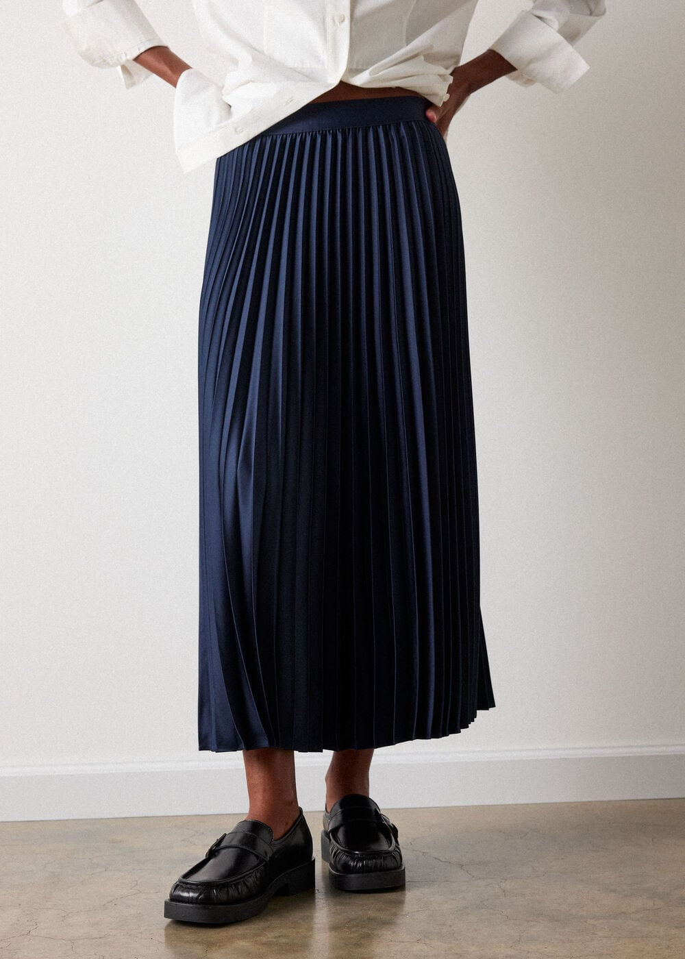 Navy Satin Pleated Midi Skirt