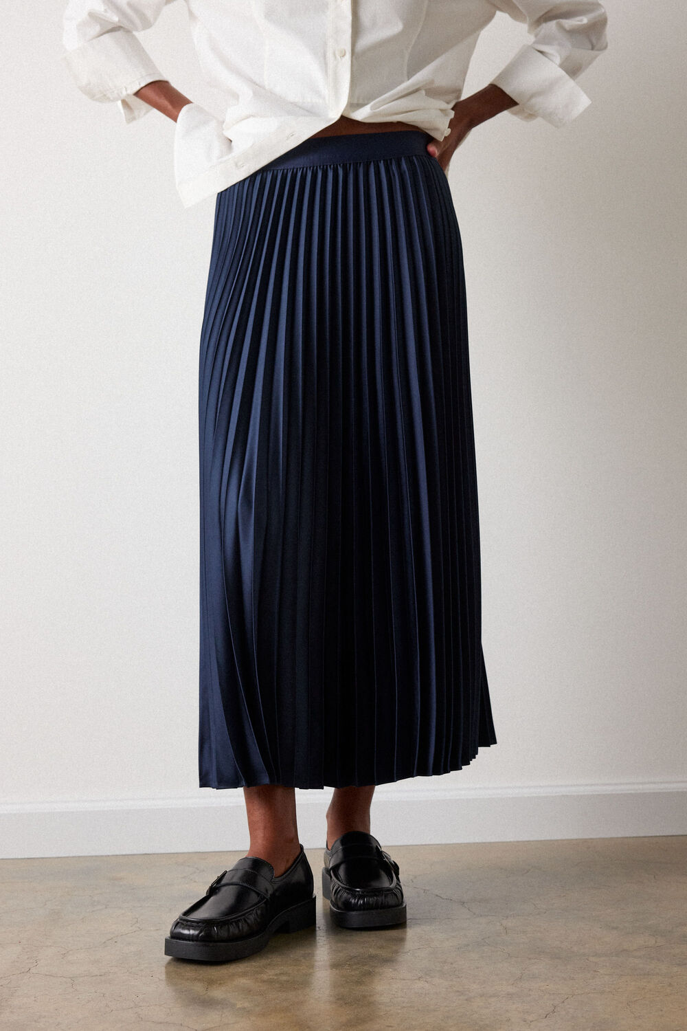 Navy Satin Pleated Midi Skirt