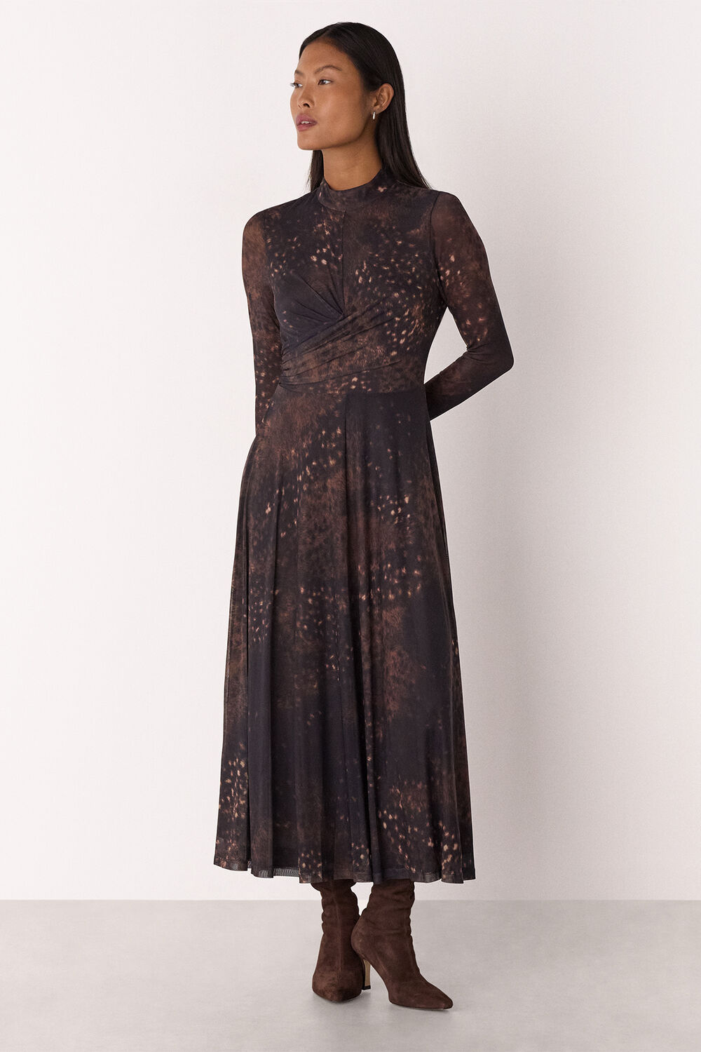 Brown Petite Spotted Animal Mesh Dress