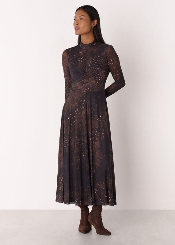 Brown Petite Spotted Animal Mesh Dress