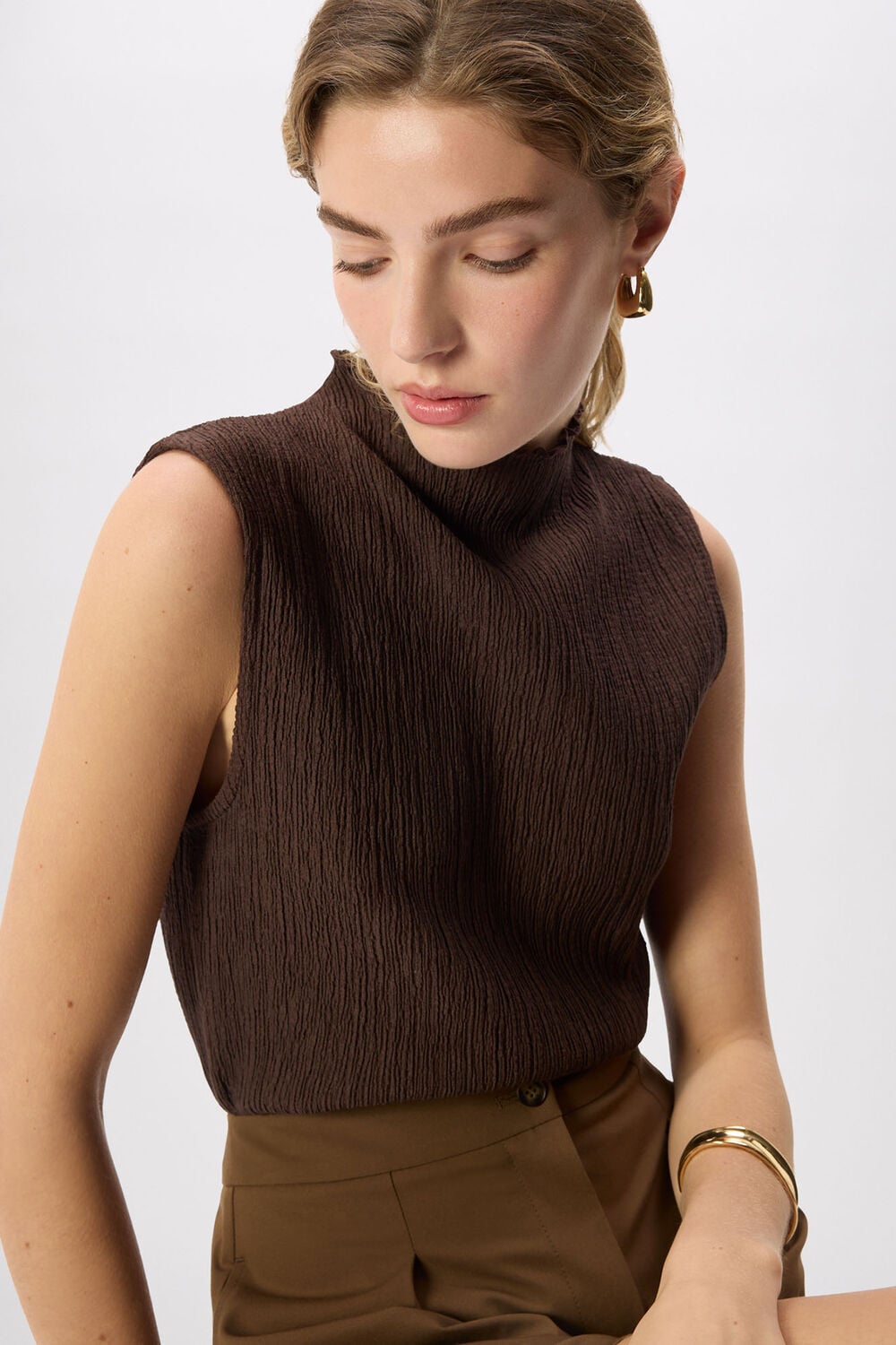 Brown Textured Sleeveless Top