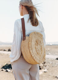 Lottie Round Straw Fringe Tote