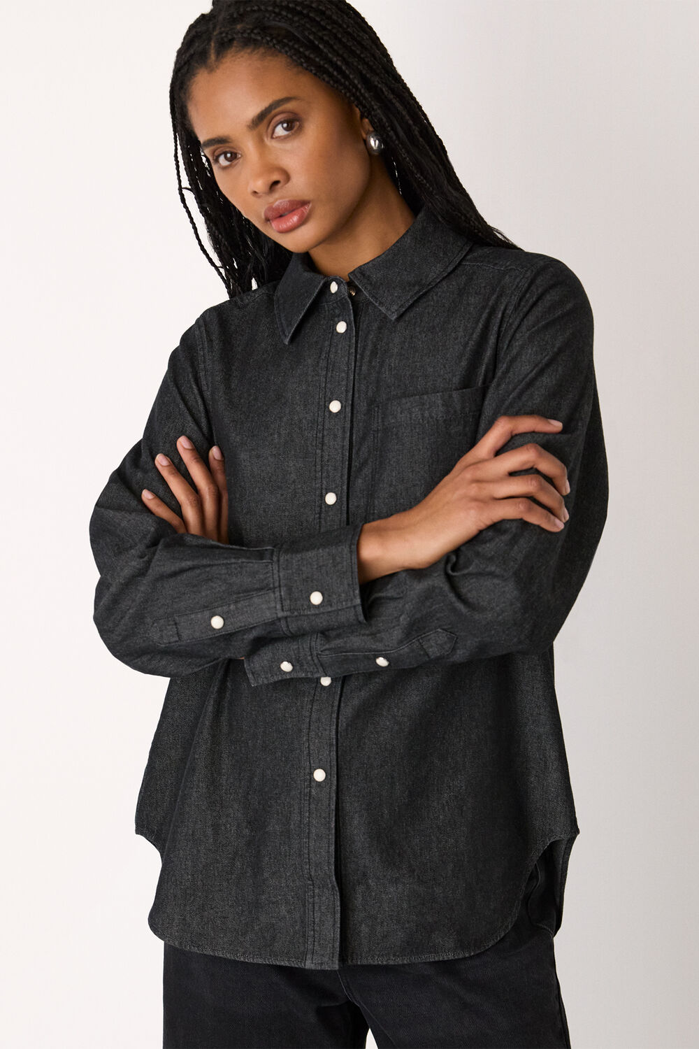 Washed Black Pocket Detail Cotton Shirt