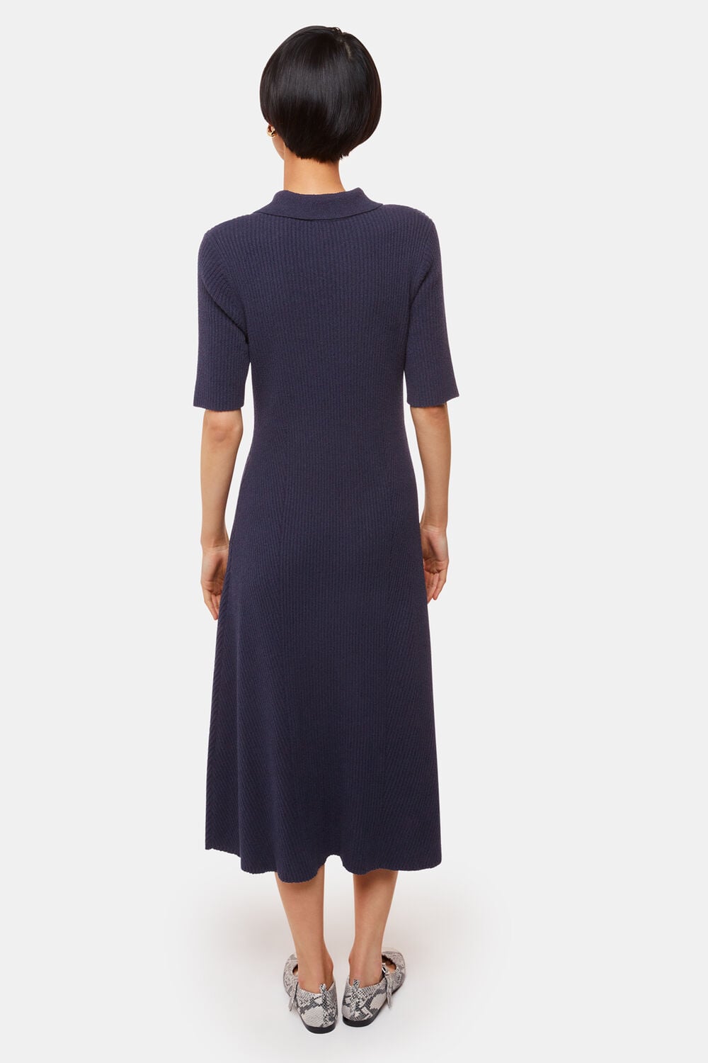 Navy Knitted Ribbed Midi Dress