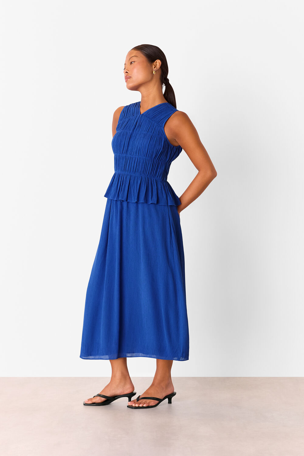 Cobalt Blue Petite Shirred V Neck Midi Dress