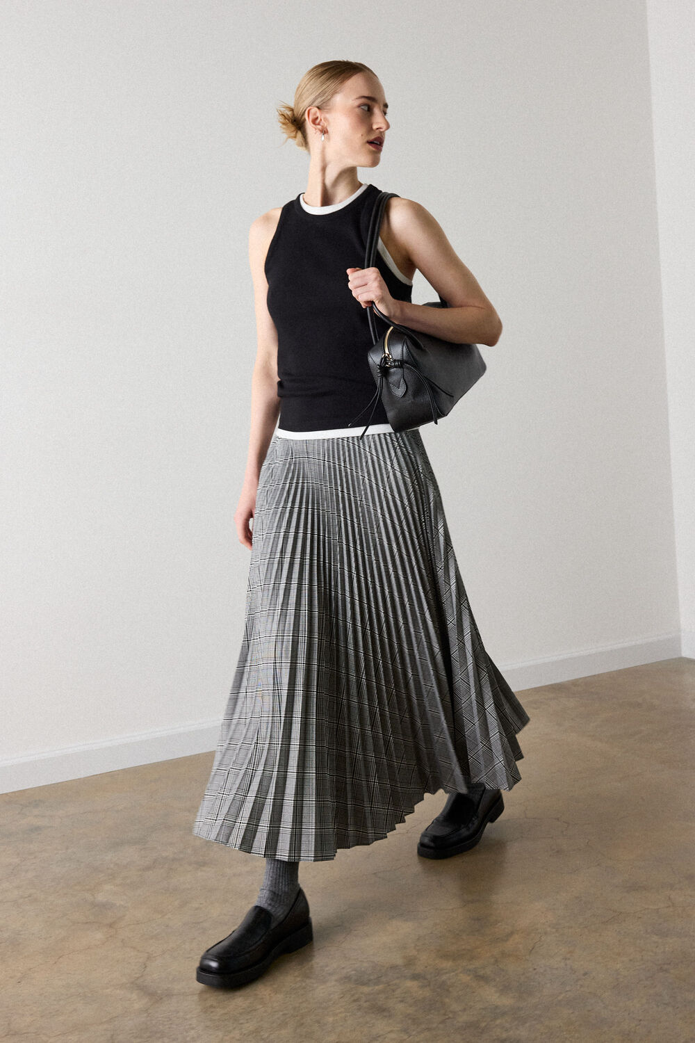 Grey Petite Check Pleated Midi Skirt
