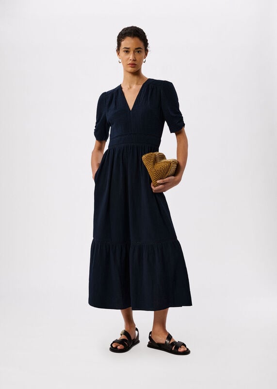 Navy V Neck Textured Midi Dress