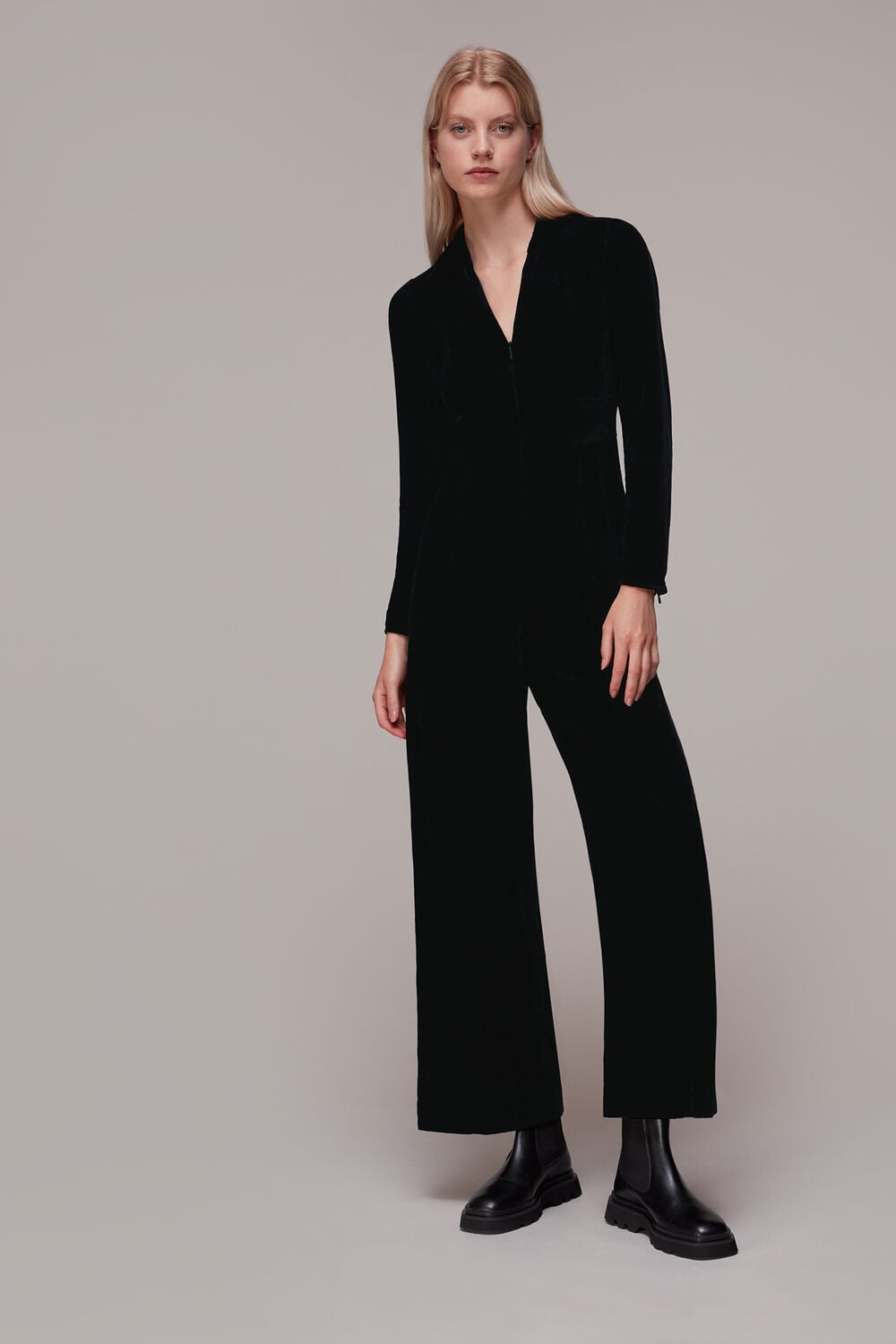 Black Velvet Zip Front Jumpsuit