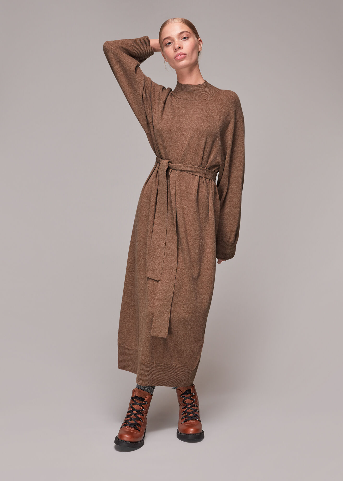 Camel Funnel Neck Belted Knit Dress WHISTLES