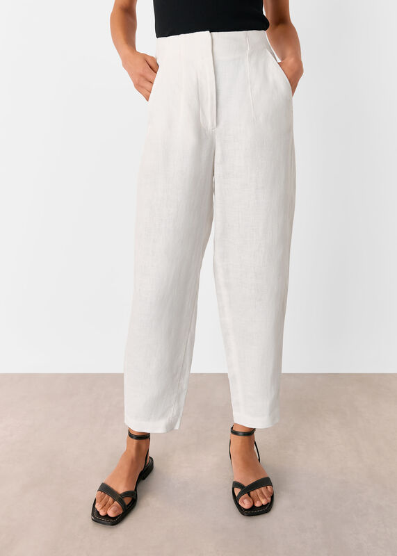 White Linen Barrel Leg Pants 
