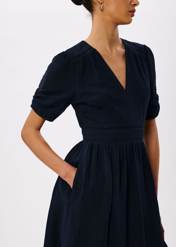 Navy V Neck Textured Midi Dress