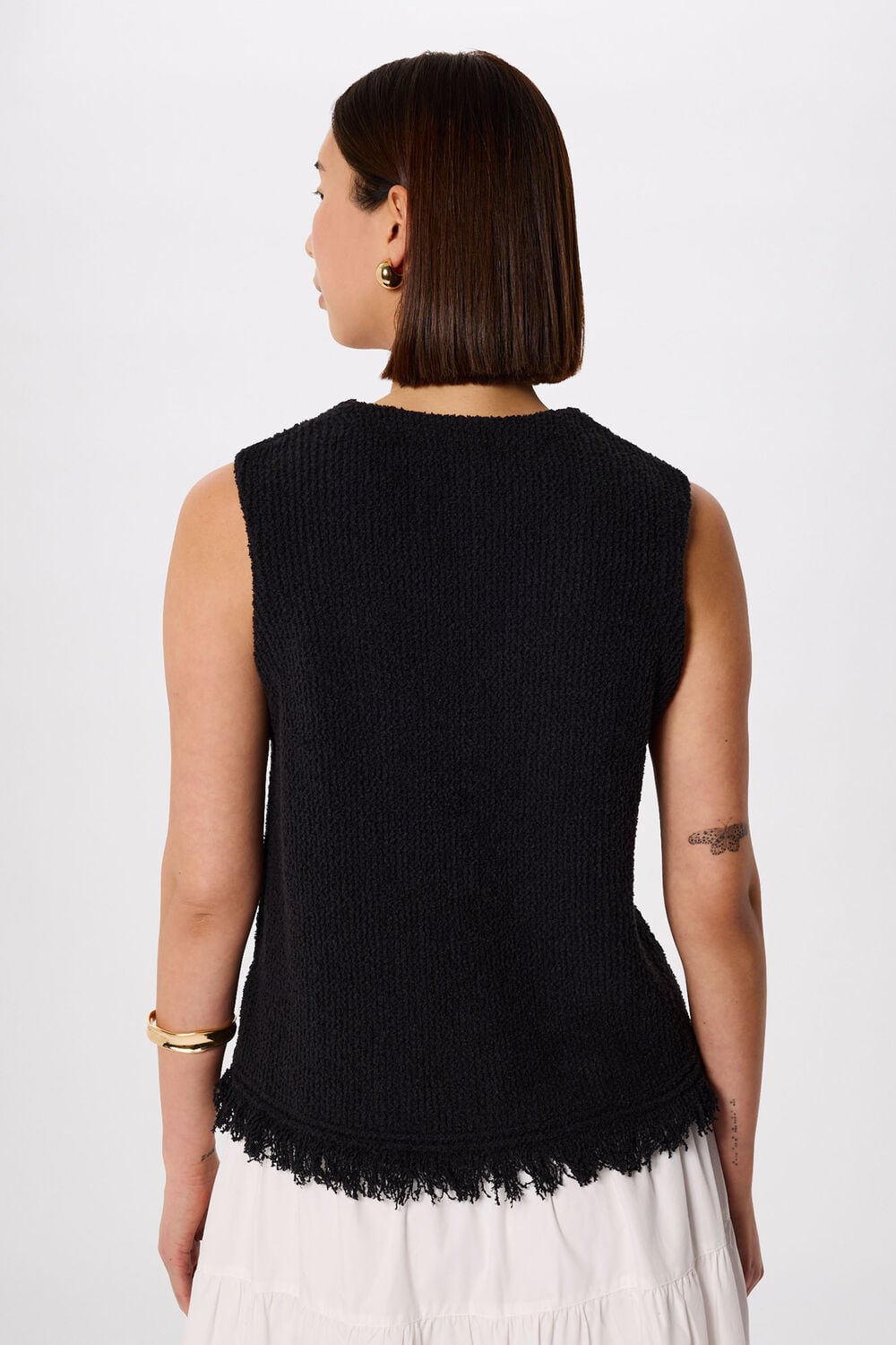 Black Cotton Boucle Fringe Tank
