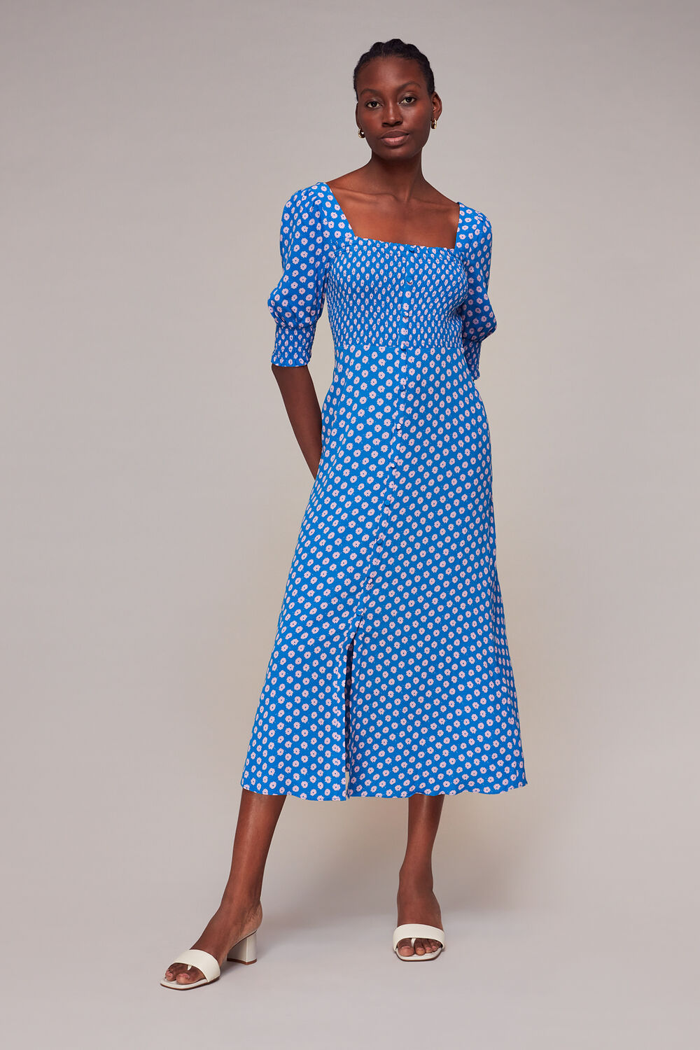 Blue Floral Sunburst Shirred Dress