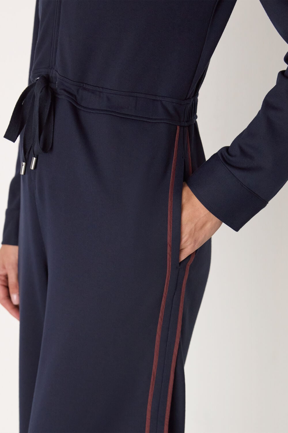 Navy Ponte Side Stripe Jumpsuit