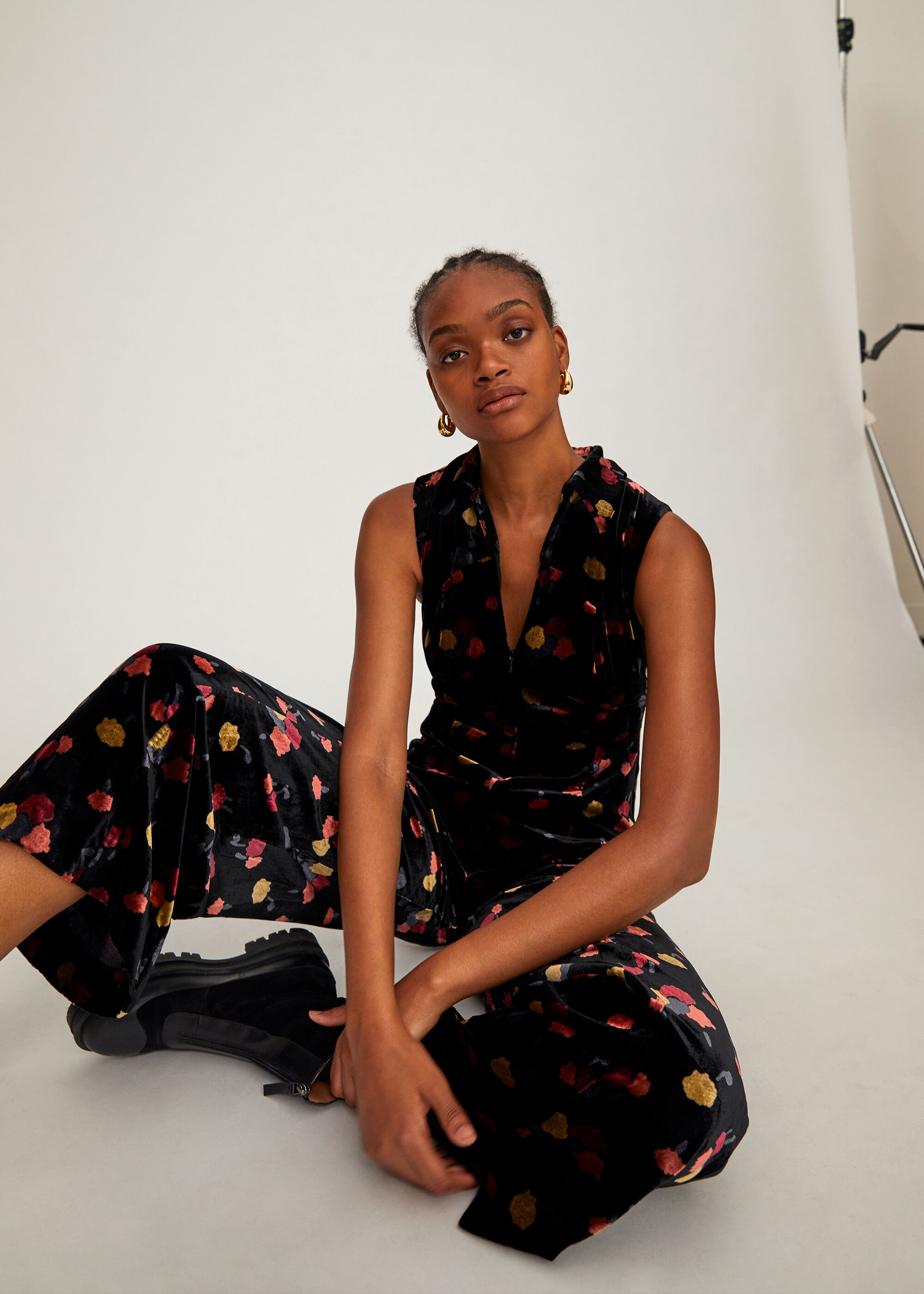 Black/Multi Velvet Printed Jumpsuit | WHISTLES | Whistles US |
