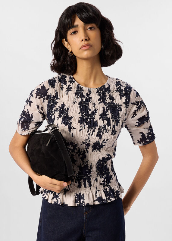 Ivory Shadow Floral Shirred Top