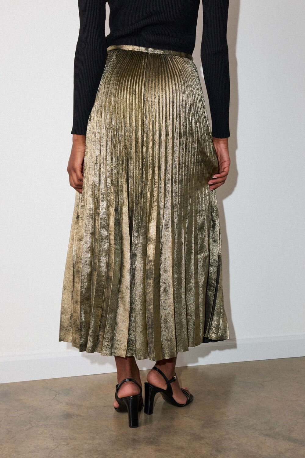 Gold Metallic Pleated Midi Skirt