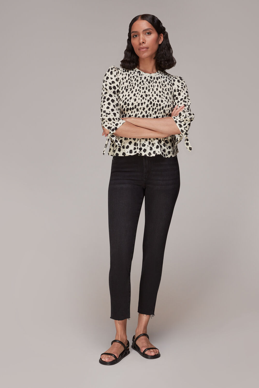 Black Brushed Dalmatian Shirred Top