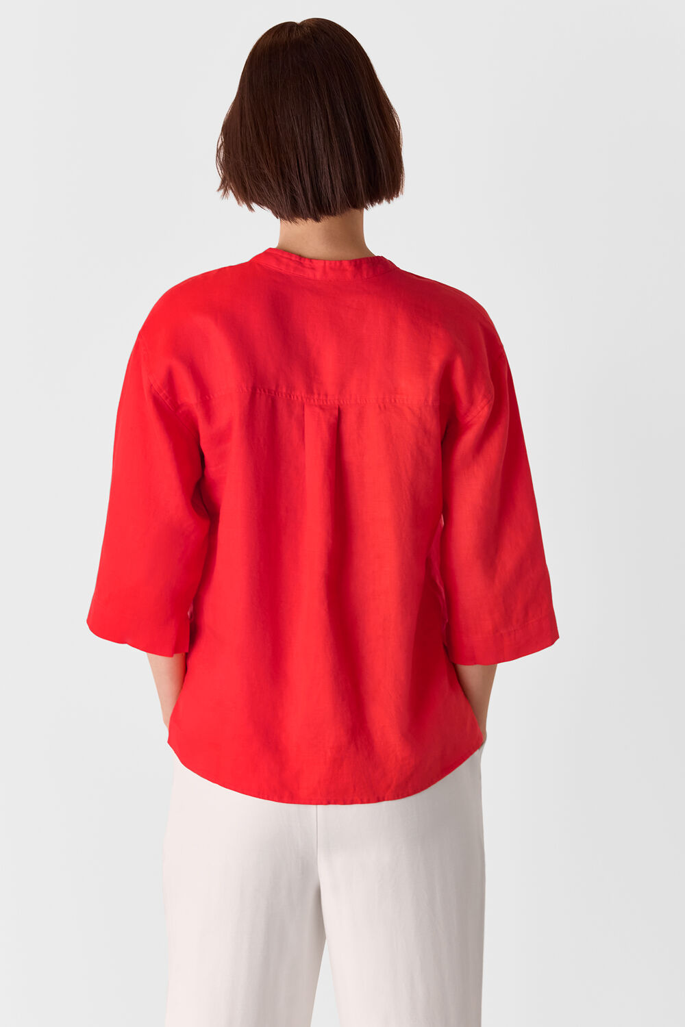 Red Linen Grandad Collar Shirt