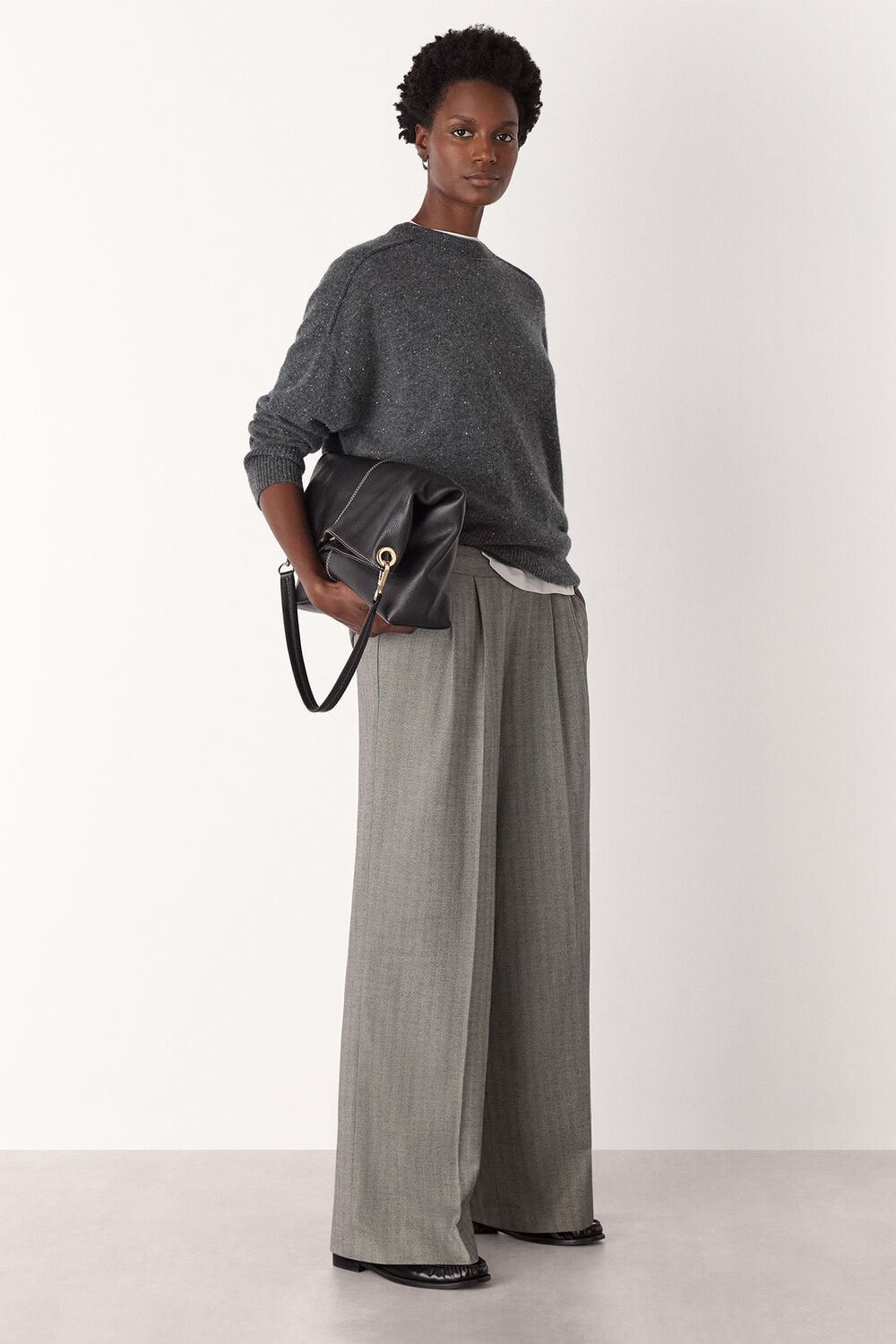 Dark Grey Cashmere Fleck Crew Neck Knit