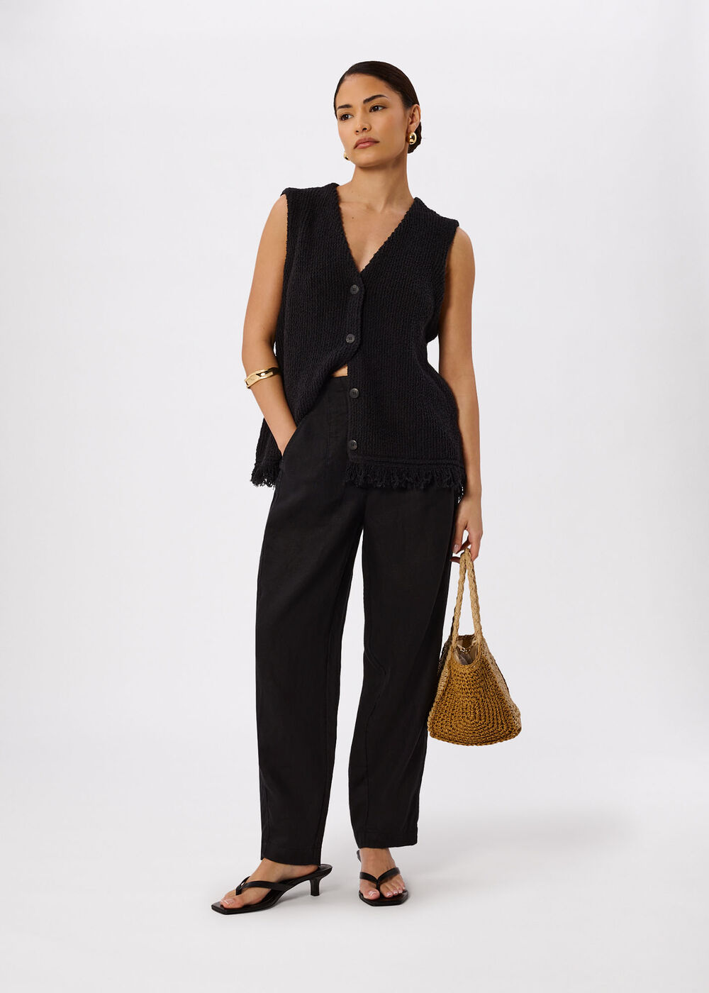 Petite Linen Barrel Leg Trouser