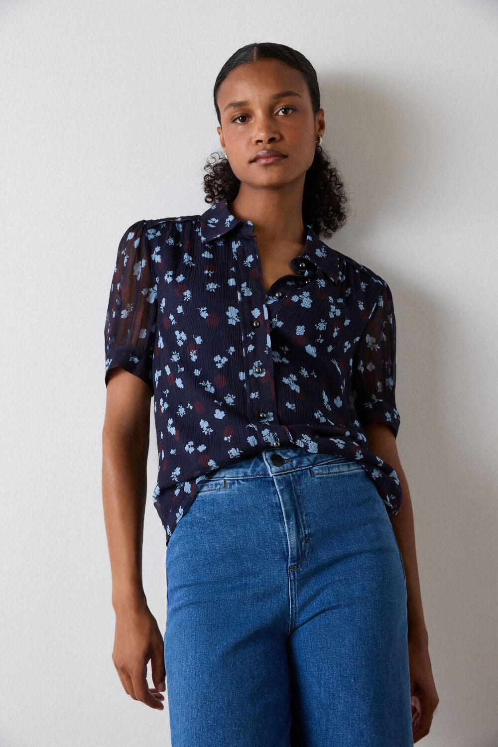 Navy Floral Short Sleeve Viscose Pintuck Blouse
