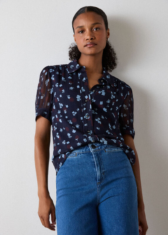 Navy Floral Short Sleeve Viscose Pintuck Blouse