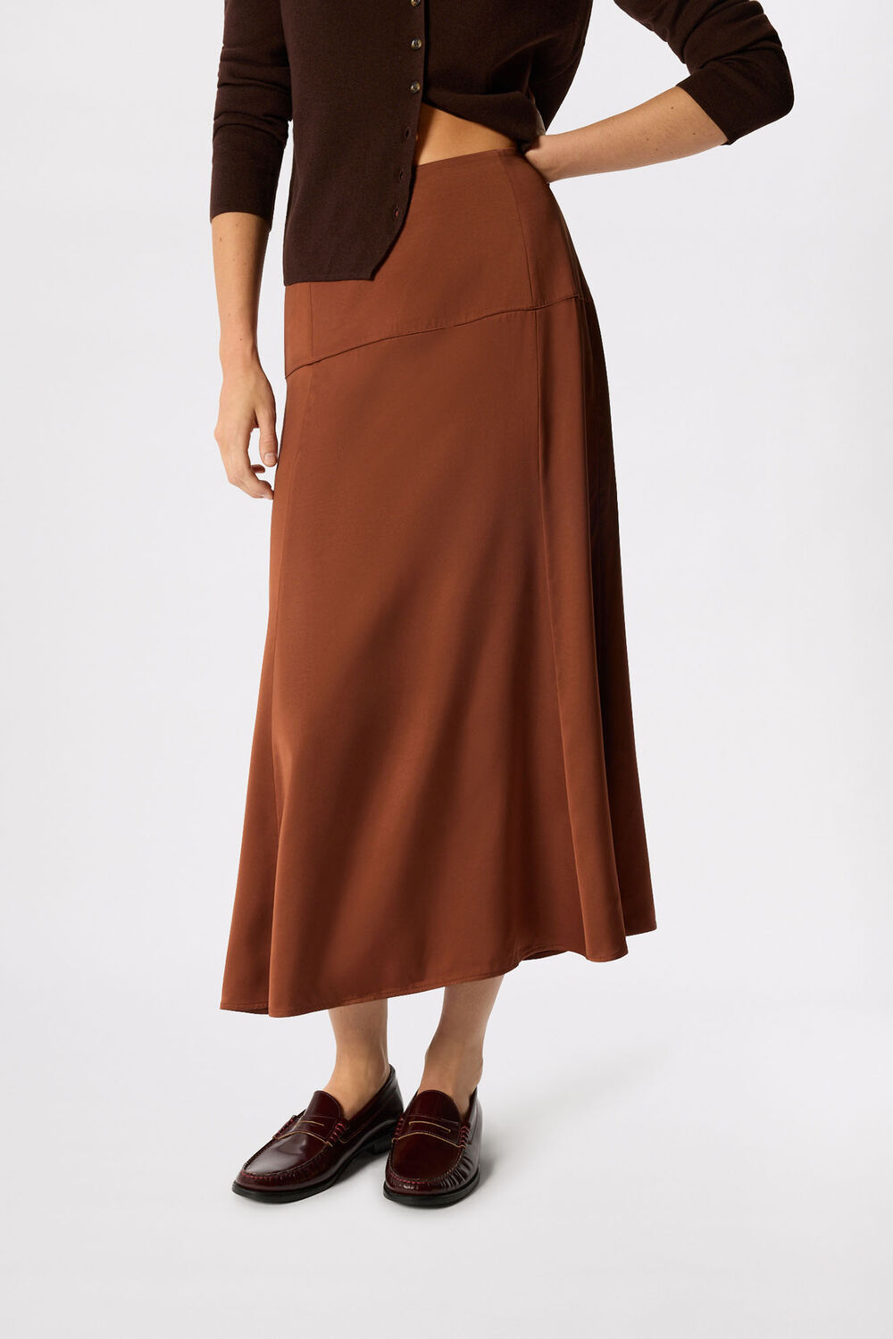 Brown Panel Waist Satin Midi Skirt