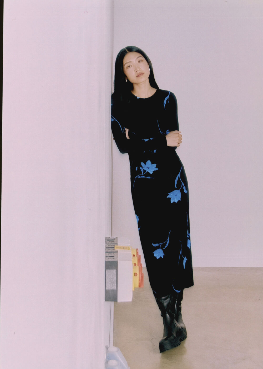 Black Floral Ruched Jersey Dress