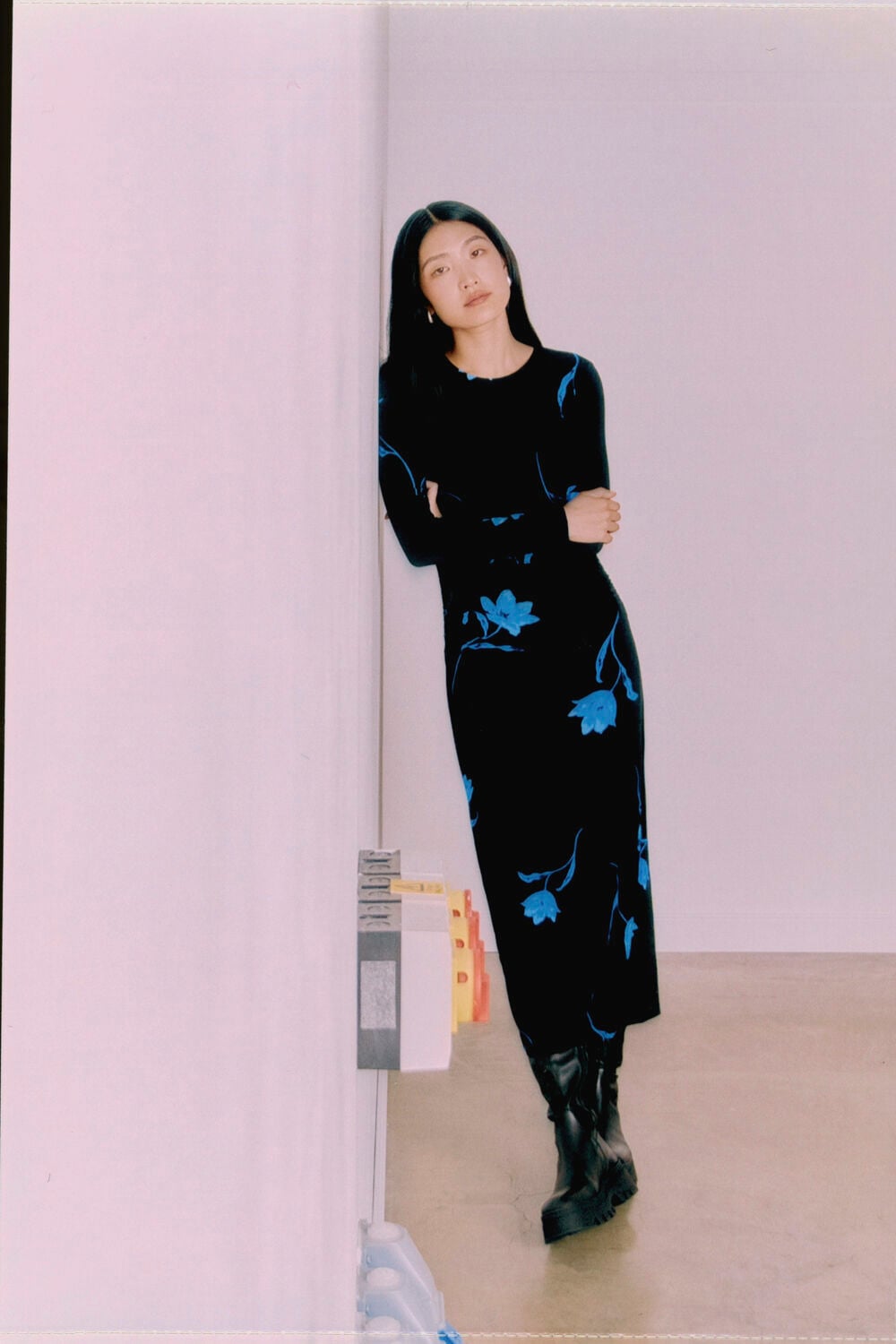 Black Floral Ruched Jersey Dress