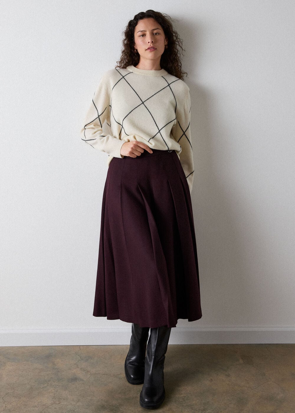 Plum Wool Blend Pleated Kilt Skirt