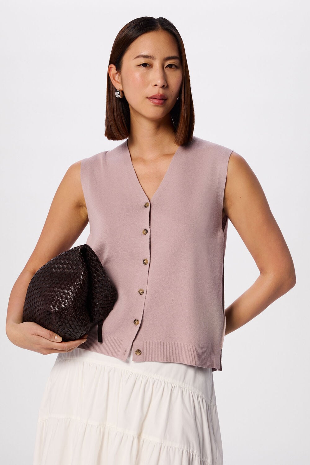 Pale Pink V Neck Button Front Knit Tank