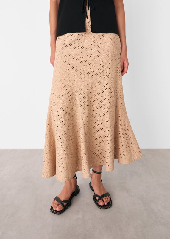 Camel Cotton Broderie Midi Skirt