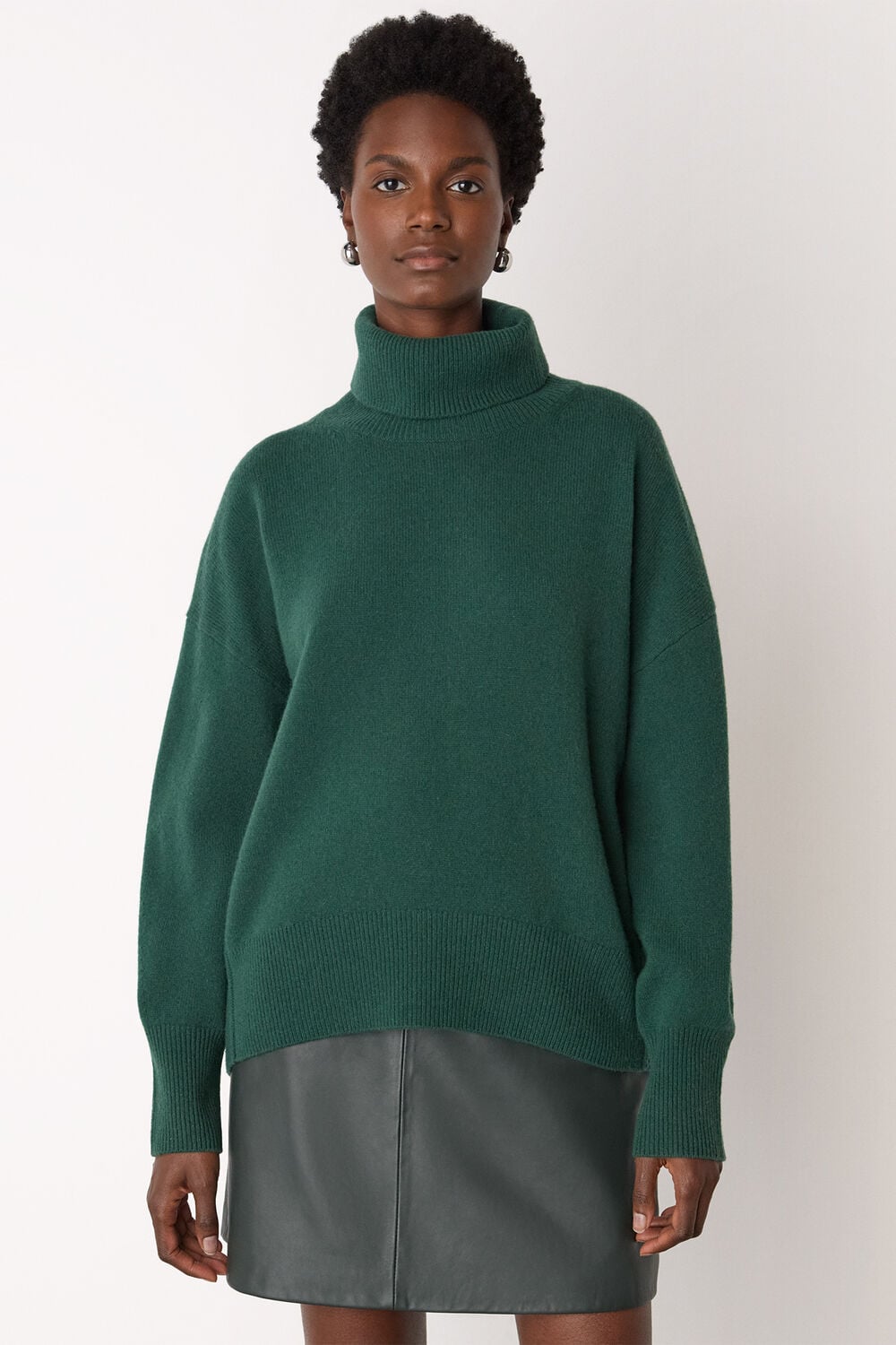 Dark Green Wool Roll Curved Hem Knit