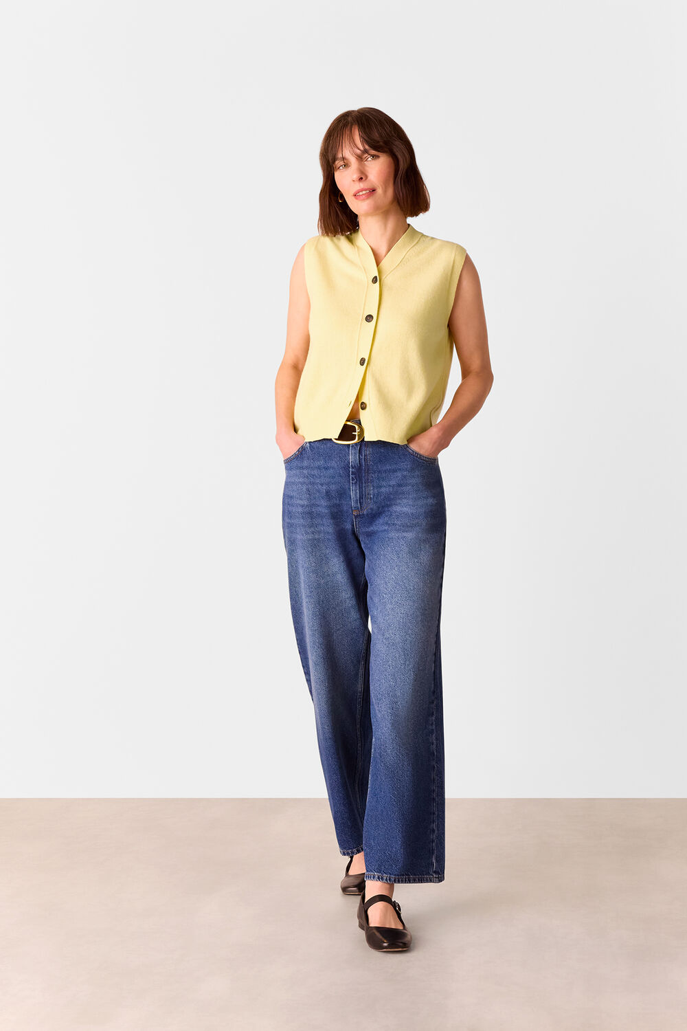 Yellow Wool V Neck Button Front Tank
