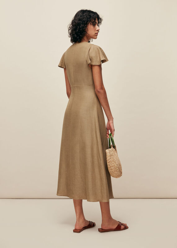 Khaki Frill Sleeve Midi Dress