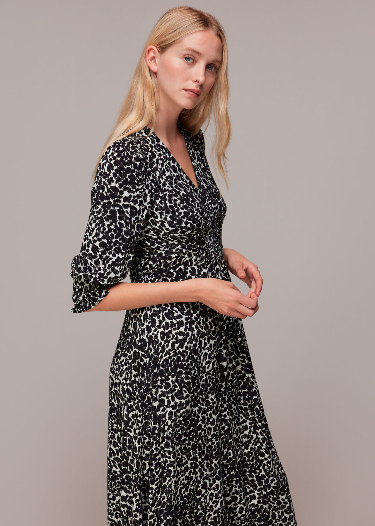 Black/Multi Shadow Leopard Shirred Dress | WHISTLES