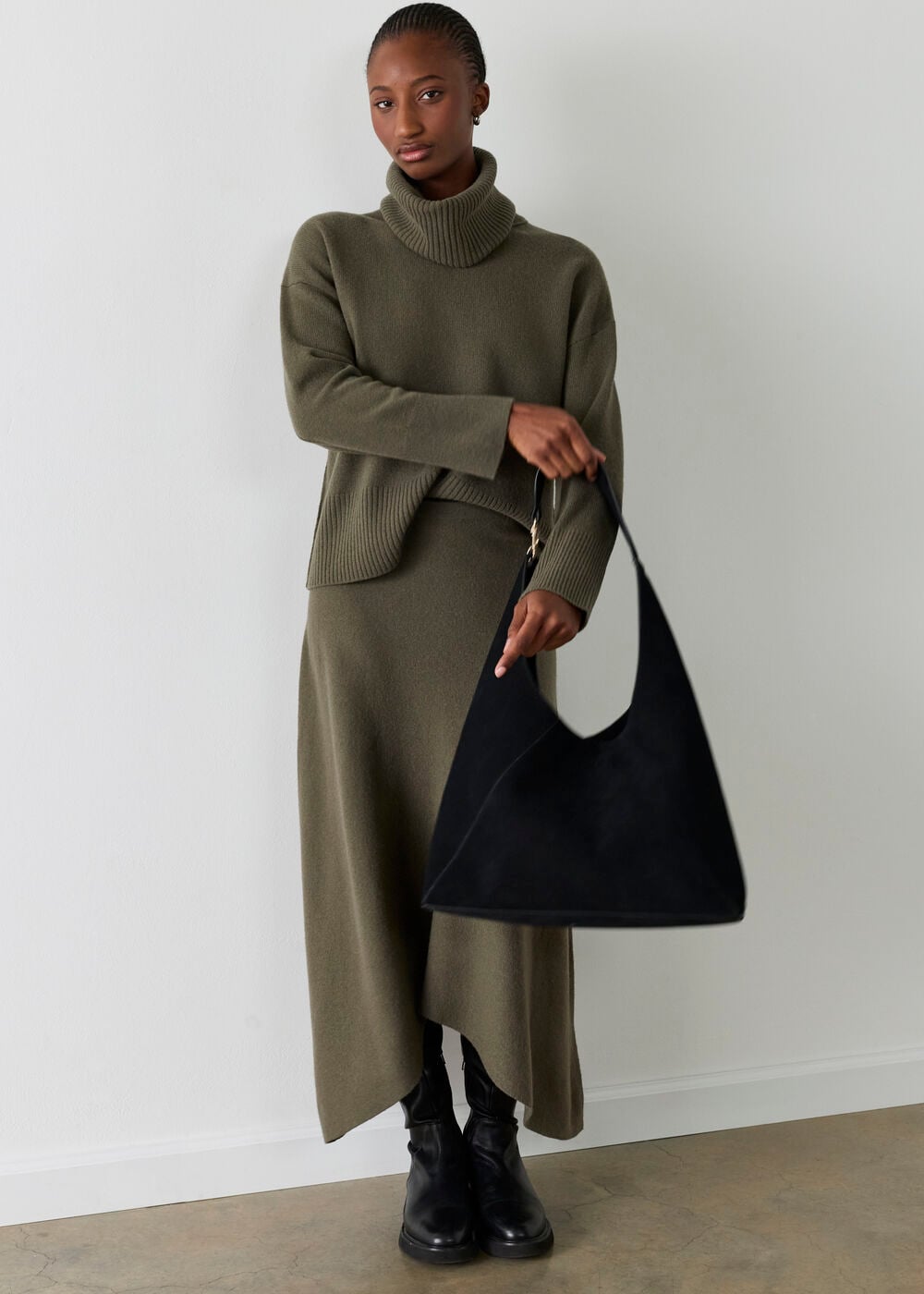 Khaki Asymmetric Hem Wool Knit Skirt