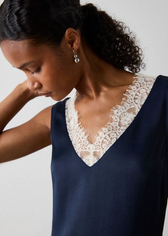 Navy Lace Trim Satin Cami Top