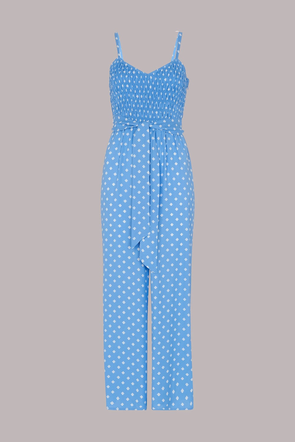 Blue Rounded Leaf Shirred Jumpsuit