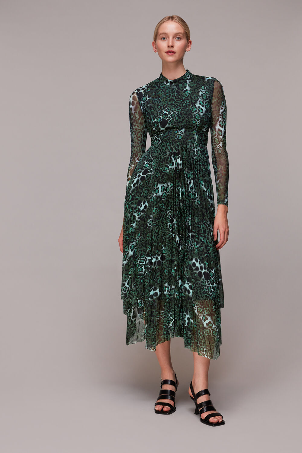 Green Night Cat Pleated Mesh Dress