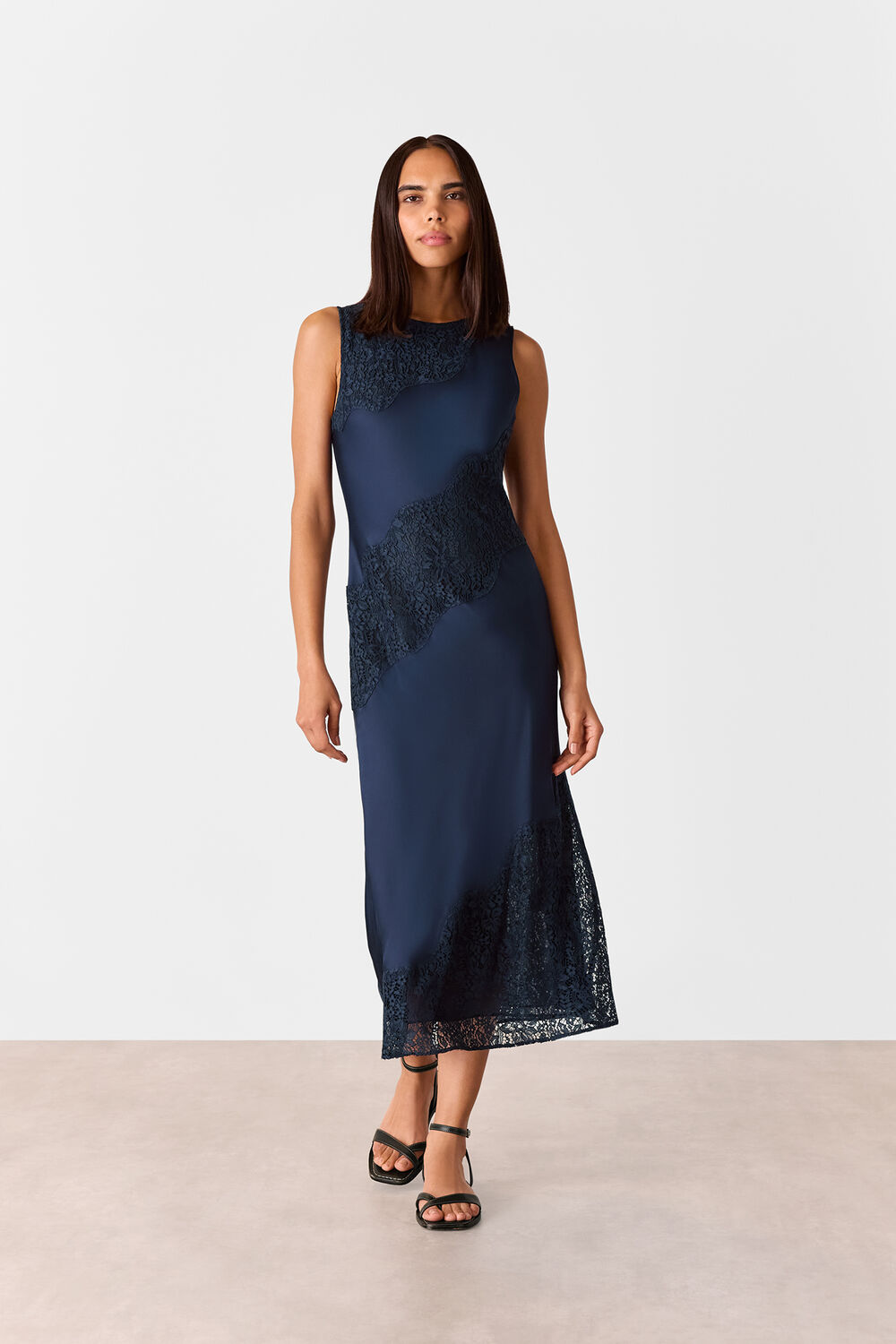 Navy Lace Insert Midi Dress