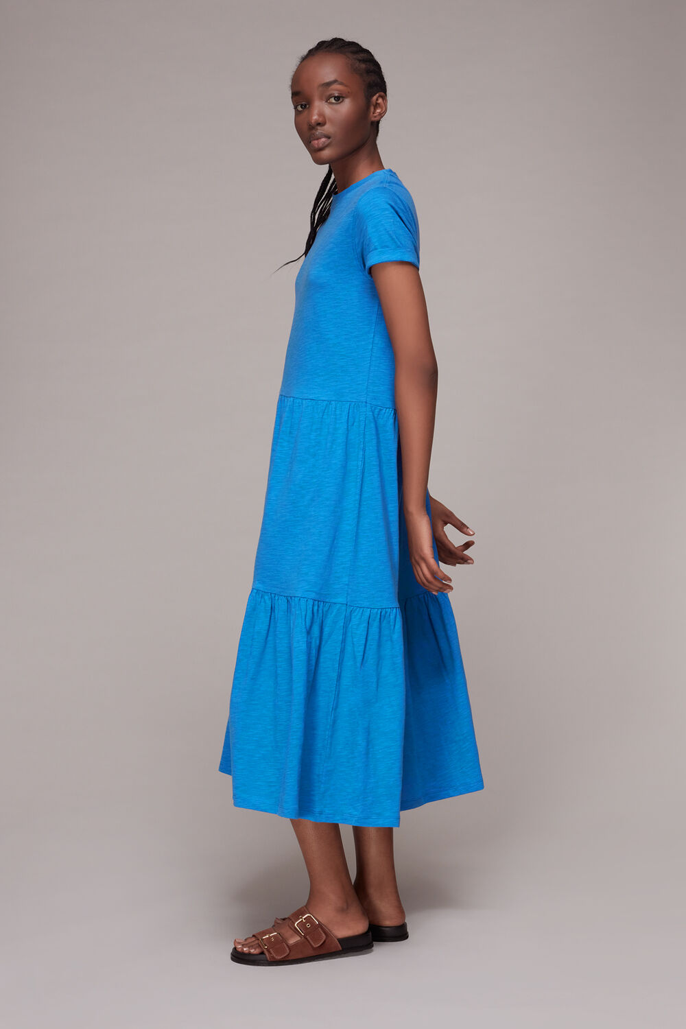 Blue Tiered Jersey Midi Dress
