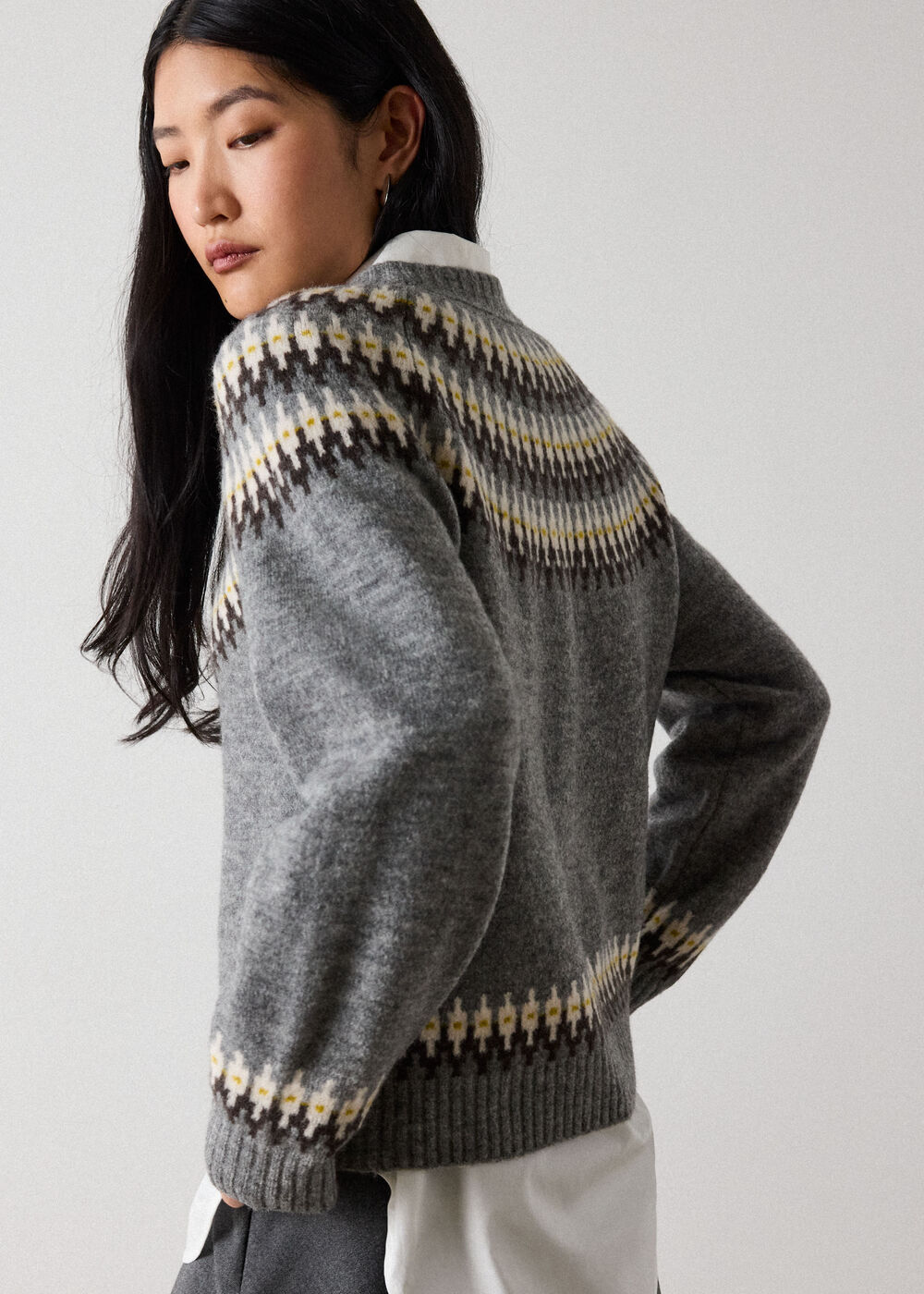 Grey Wool Mix Fairisle Detail Knit