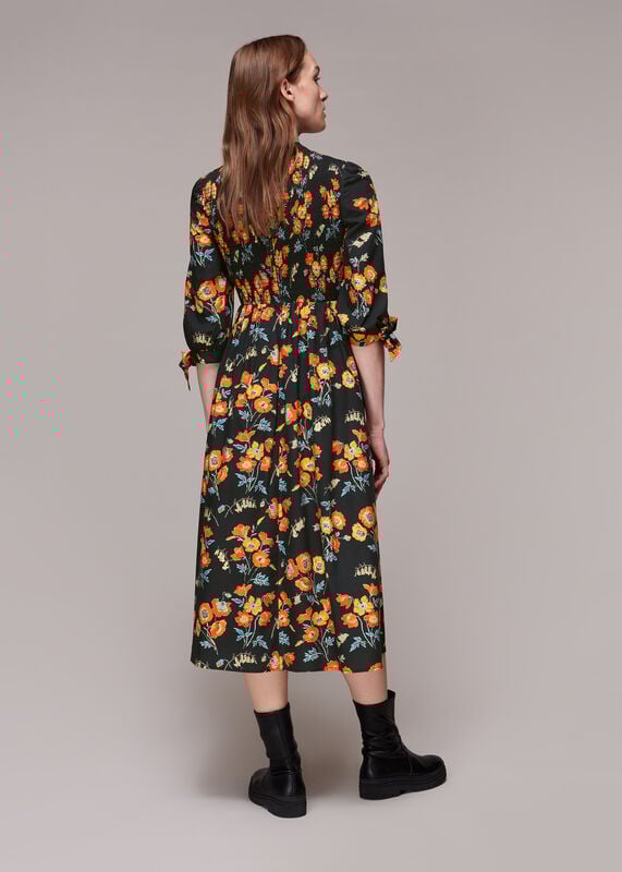 Black Shirred Floral Midi Dress