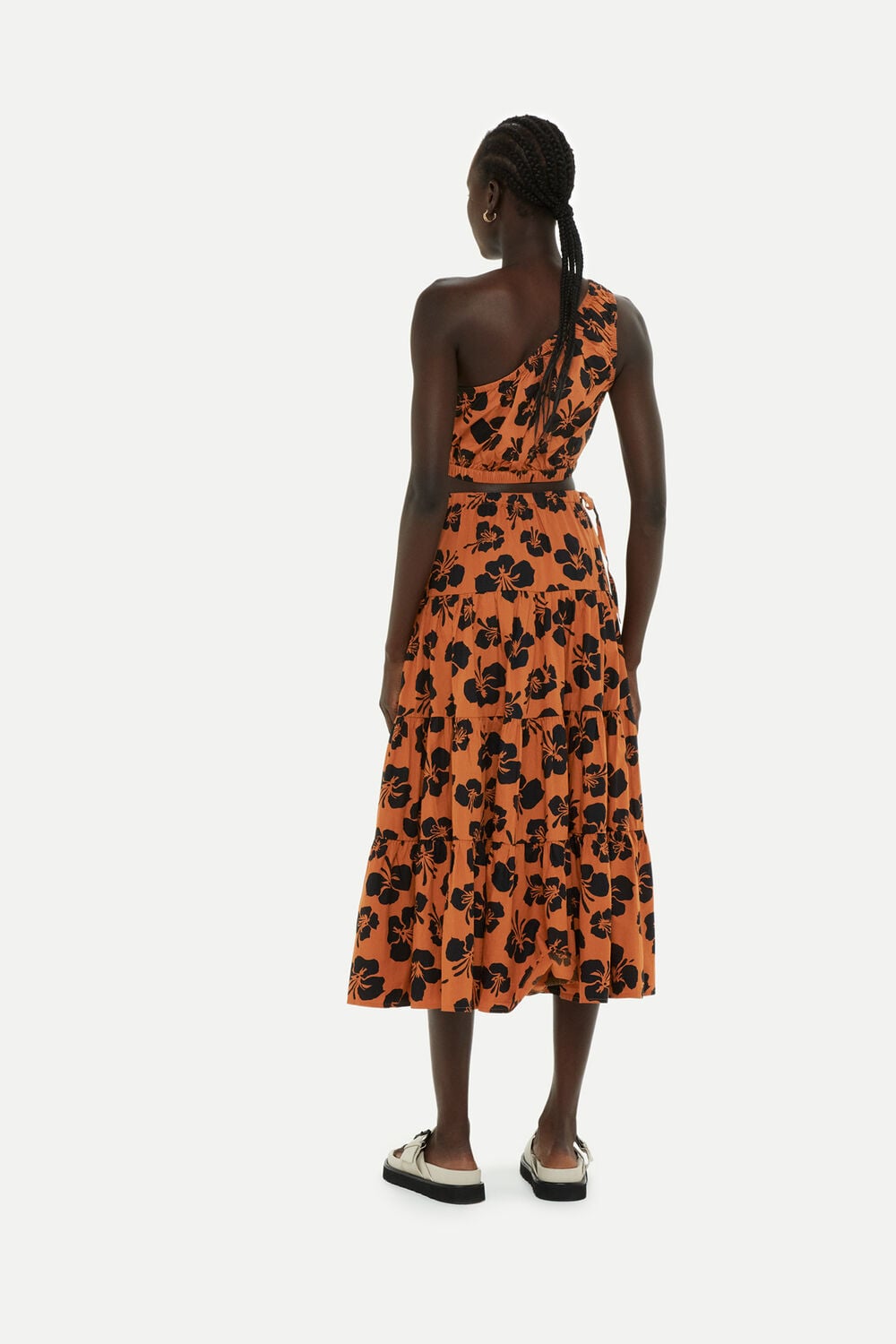 Brown Tropical Floral Tiered Skirt
