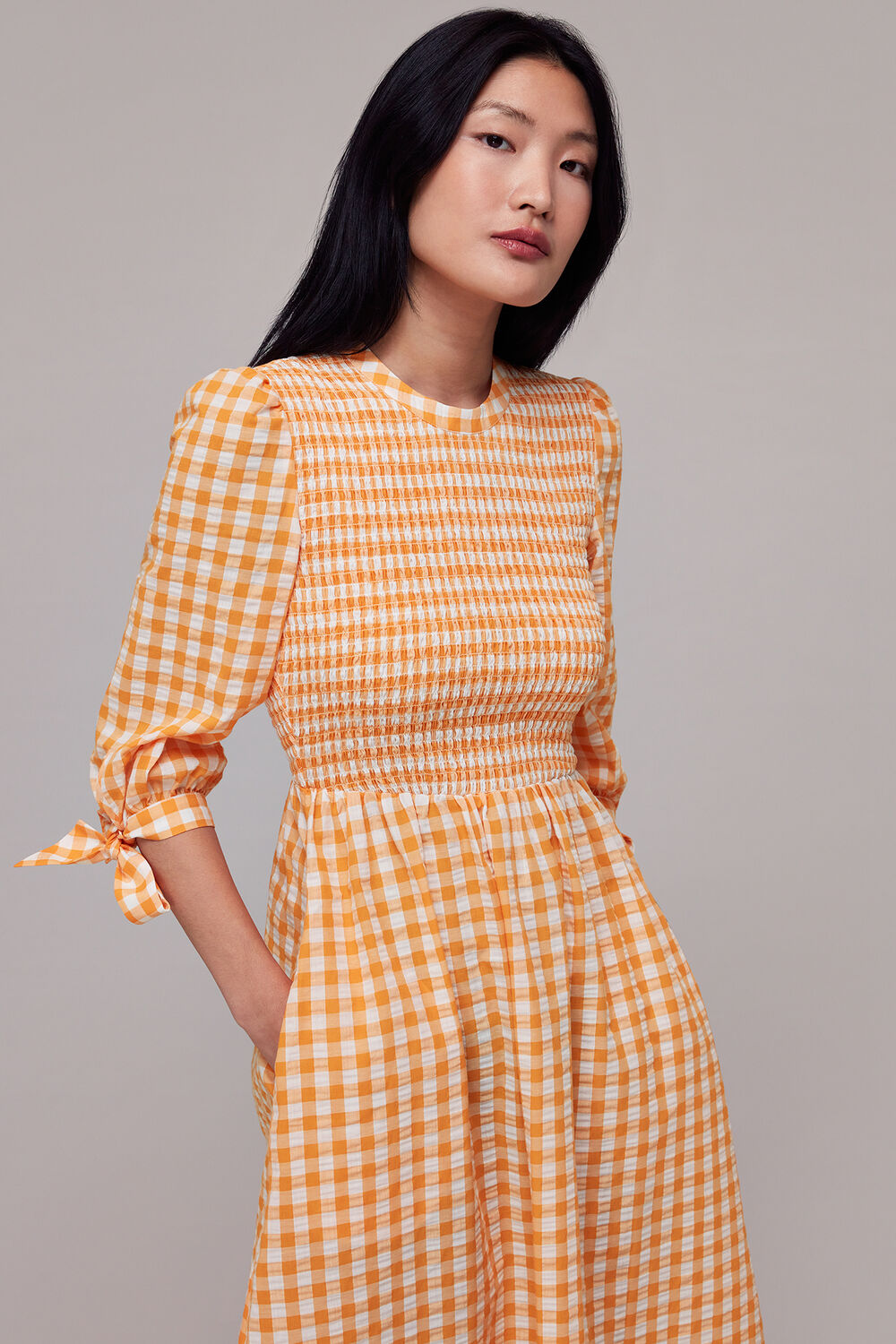Gingham Check Shirred Dress