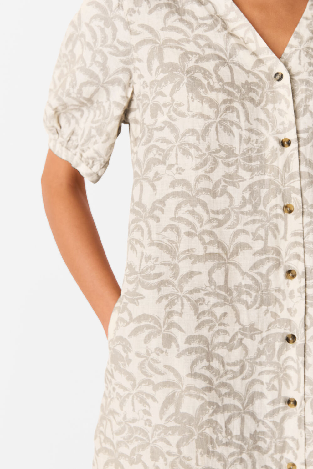 Ivory Palm Print Linen Blend Dress