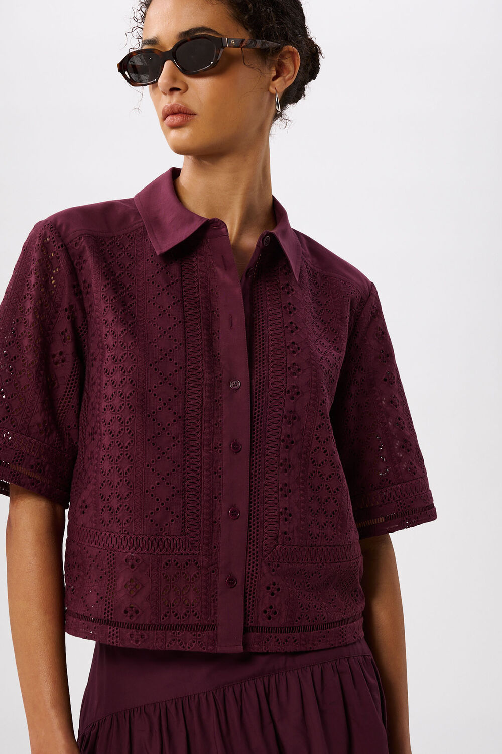 Plum Broderie Cotton Shirt
